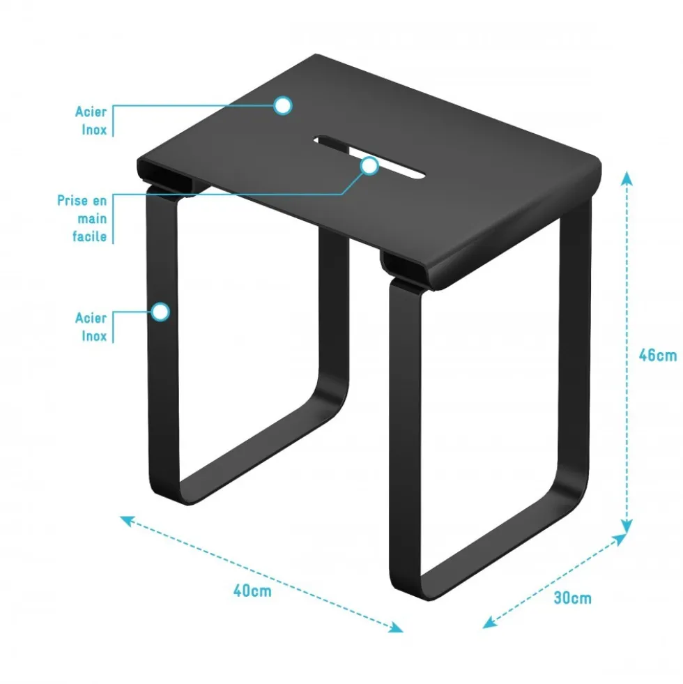 Siège de douche en inox noir mat 40x30x46 cm AURLANE