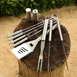 Valisette 9 outils inox : fourchette + pince + spatule + pics + sel & poivre COOK IN GARDEN