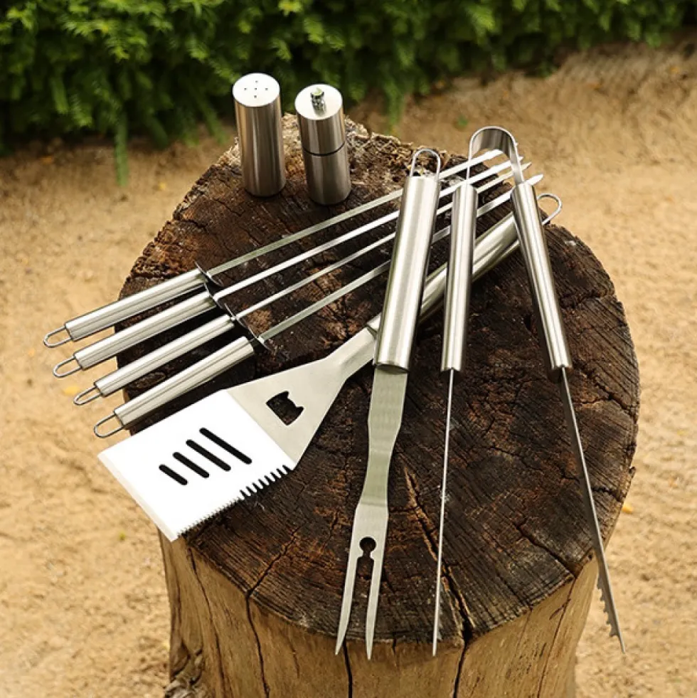 Valisette 9 outils inox : fourchette + pince + spatule + pics + sel & poivre COOK IN GARDEN