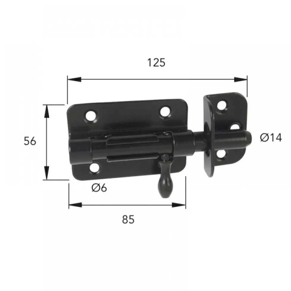 Verrou de box - époxy noir - platine 85x56 mm - Pêne 14 mm TORBEL
