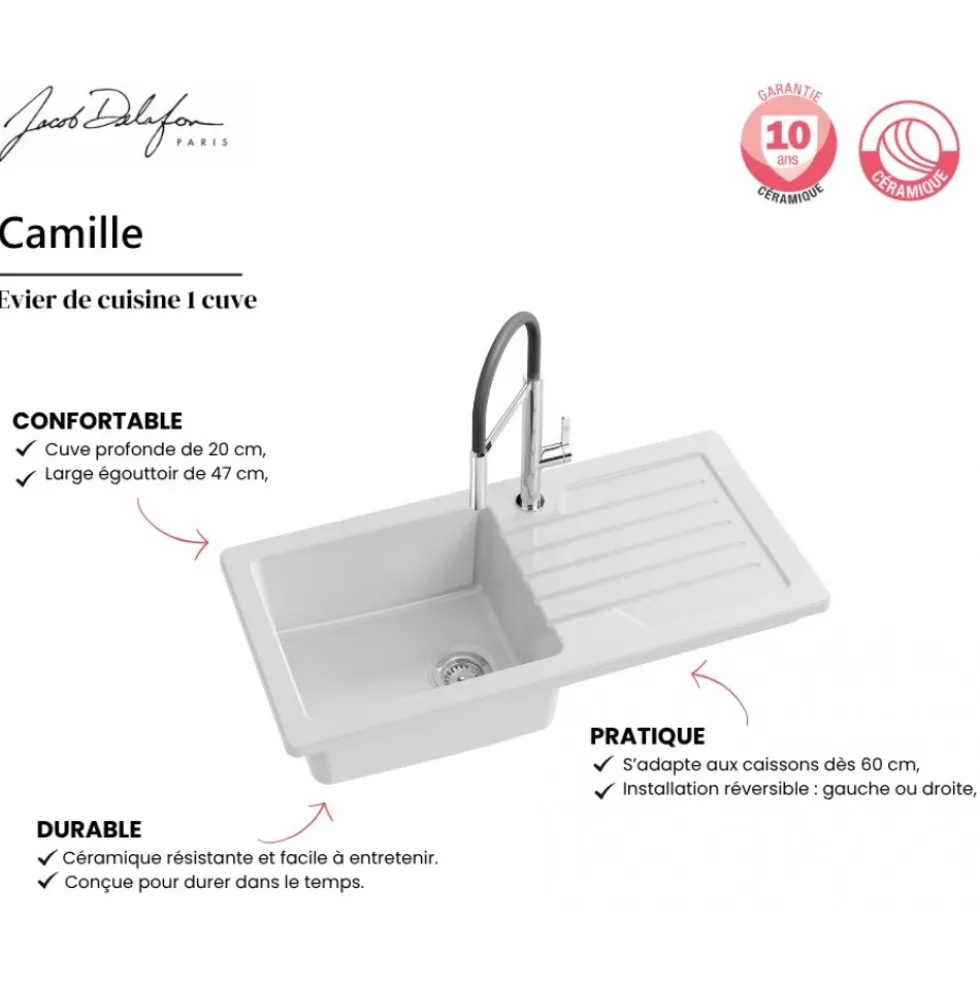 Évier de cuisine céramique 1 bac 100cm avec égouttoir - à encastrer - Camille JACOB DELAFON