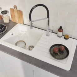 Évier de cuisine céramique 1 bac 100cm avec égouttoir - à encastrer - Camille JACOB DELAFON