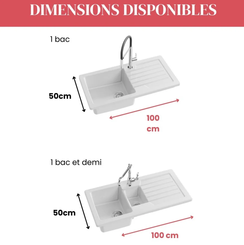 Évier de cuisine céramique 1 bac 100cm avec égouttoir - à encastrer - Camille JACOB DELAFON
